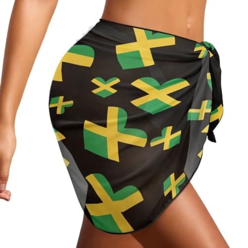 Jeiento Sexy Beach Wrap Dress Cover-Up for Women Sheer Swimsuit Skirt Heart-Shaped Jamaican Flag Beach Sarong Wraps for Vacation Hotel Beach