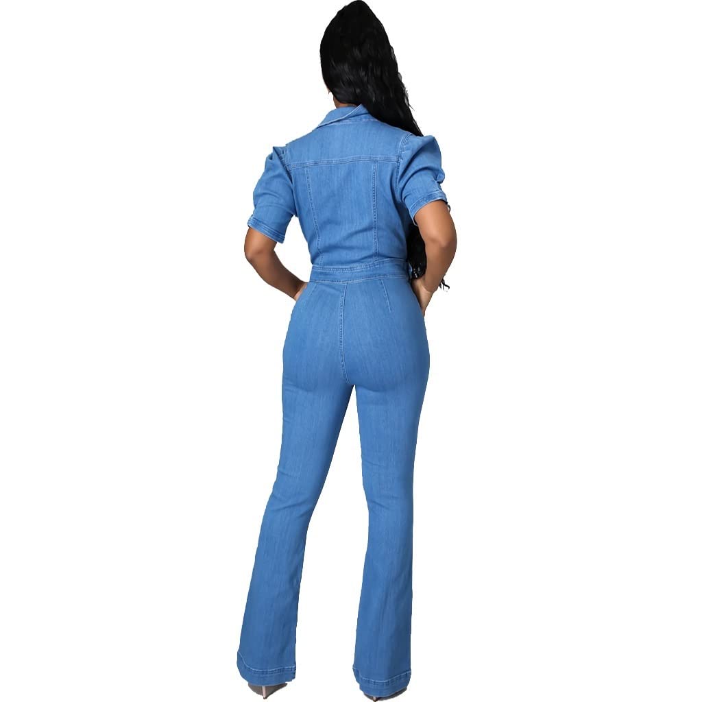 GHAKKE Women's Sexy V-Neck Denim Jumpsuits Casual Short Sleeve Jean Long Wide Leg Pants Party Rompers With Belt Streetwear (Color : Light blue, Size : L)