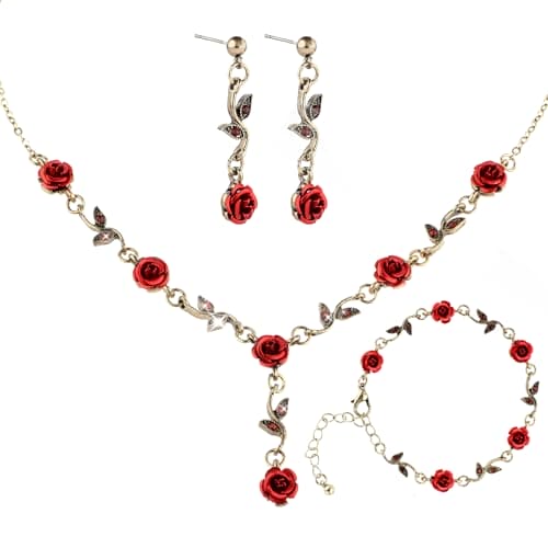 Yolev 3Pcs Set Red Rose Jewelry - Rose Flower Pendant Necklace, Bracelet Dangle Earrings.Bracelet Flower Jewelry Dangle Earrings Set For Valentine's Day Mother's Day Gifts Wedding Gifts