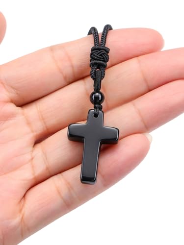 CrystalTears Black Obsidian Crystal Cross Necklace for Men Women Natural Quartz Crystal Gemstone Cross Pendant Necklace Adjustable Protection Healing Stone Necklace Jewellry Gift for Him Christmas