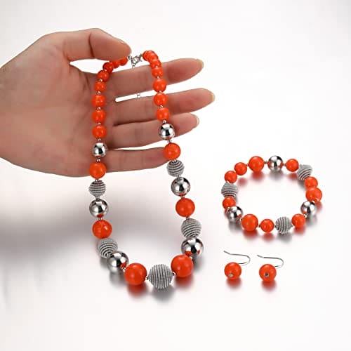 BULINLIN Chunky Beaded Silver Necklace Earrings Pearl Handmade Bracelet Set Statement Costume Fashion Jewellery Set Birthday Gifts for Women (48-Orange)