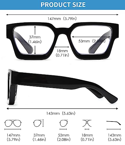 JM 3 Pack Square Reading Glasses, Blue Light Blocking Computer Reader for women men +2.0