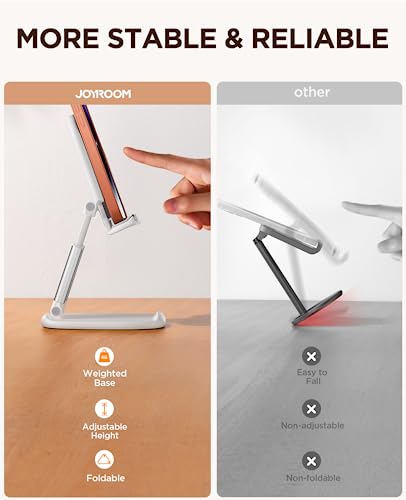 JOYROOM Foldable Phone Stand for Desk, Metal Counterweight Base & Adjustable Height and Angle Phone Holder, Mobile Phone Holder for 4.7"-11" Cell Phones and Tablets (White)