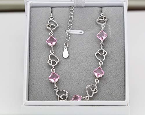 Kaguyo Elegant 925 Sterling Silver Amethyst Pink crystal Zirconia Infinity Heart Anklet Bracelets For Women Girls, friendship birthday Gift