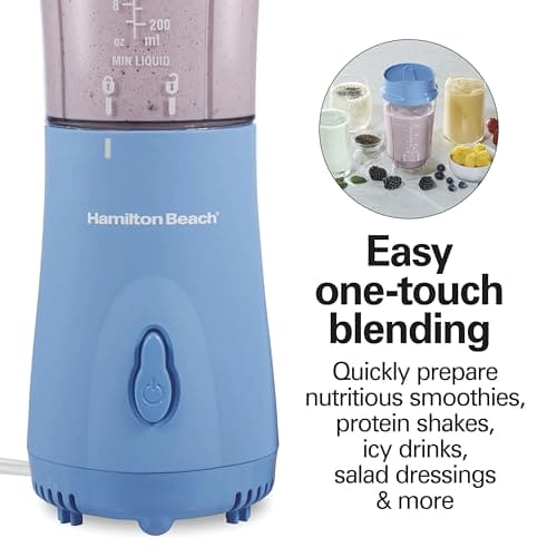 Hamilton Beach Portable Blender for Shakes and Smoothies with 14 Oz BPA Free Travel Cup and Lid, Durable Stainless Steel Blades for Powerful Blending Performance, Tranquil Blue (51172)