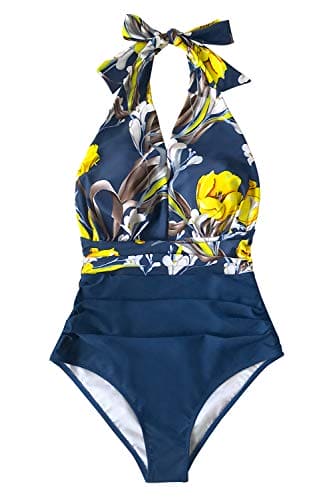 CUPSHE Women's One Piece Swimsuit Halter Tummy Control Beach Swimwear Bathing Suit Swimming Costume Yellow Floral L