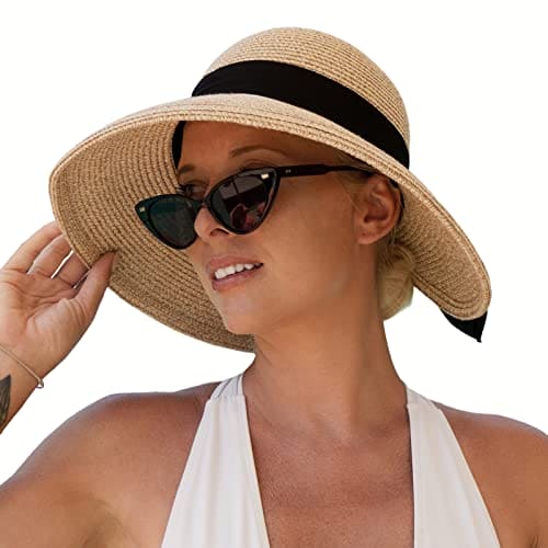 Comhats Sun Hats for Women Floppy Foldable UV Protection Wide Brim Panama Cloche Straw Beach Sunhat Fashionable Adjustable Cruise Accessories Ponytail Beige S/M 56CM