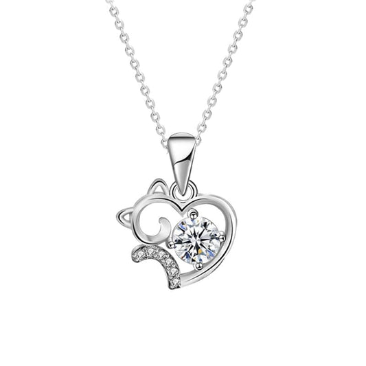 Byourcher Moissanite Diamond kitten cat heart pendant necklace, 925 Sterling Sliver