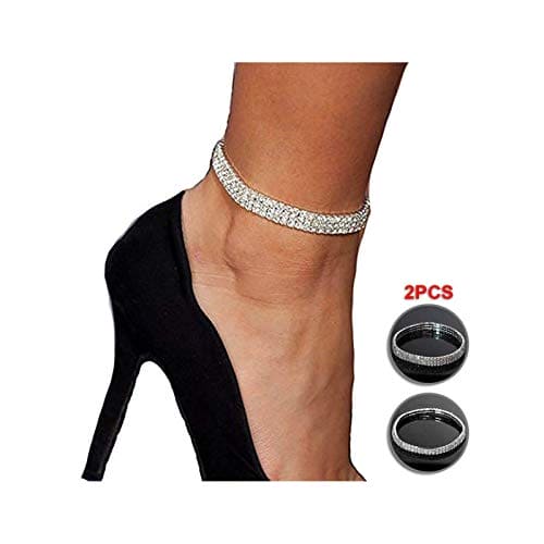 2PCS Twinkle Diamond Anklet for Women,Kucheed Elastic Crystal Silver-Tone Sparkling Charm Foot Jewelry Bangle,Bling Shining Bridal Tennis Bracelet Teen Girls