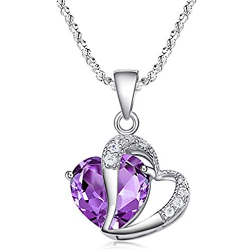 Sterling Silver Amethyst Purple Heart Crystal Pendant Necklace