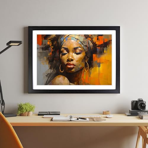 African Woman Abstract - Framed Wall Art Print - Ready to Hang Picture - Modern Art for Living Room Bedroom Kitchen Home - Black A4 (27 x 36 cm)