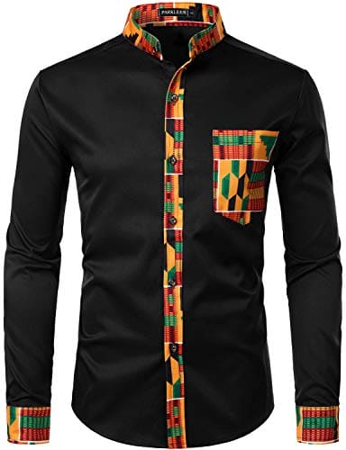 PARKLEES Men's African Dashiki Tribal Graphic Patchwork Long Sleeve Printed Grandad Collar Shirt PZZCL46 Black XL