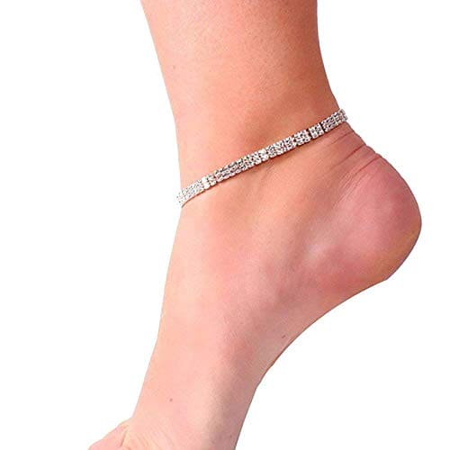2PCS Twinkle Diamond Anklet for Women,Kucheed Elastic Crystal Silver-Tone Sparkling Charm Foot Jewelry Bangle,Bling Shining Bridal Tennis Bracelet Teen Girls