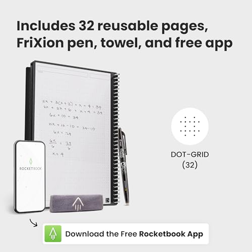 Rocketbook Reusable Digital Notebook - Smart Notepad A5 Black, Wirebound Note Book To Do List Pad, Dotted Paper with Frixion Erasable Pen and Wipe, Office Gadget with Rocketbook App Reduce Paper Waste