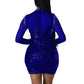 Zeiayuas Sequin Dress for Women UK Bodycon Mesh Long Sleeve Mini Dresses Turtleneck Neck Sexy Evening Wedding Guest Dress Dinner Dance Party Dress Ladies Elegant Sparkly Glitter Clubwear Blue