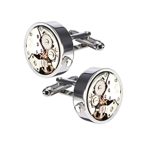 Silver Working Watch Movement Steampunk Cufflinks Cuff Links Vintage Skeleton Gift, 2, Silver