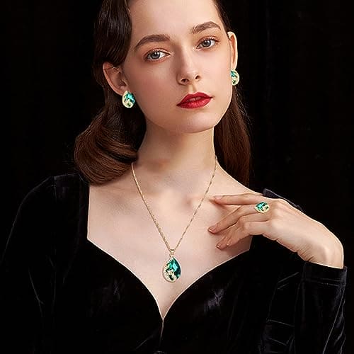 TOEECY Jewellery Set for Women Girls Crystal Pendant Necklace Stud Earrings and Ring Set Peacock Cubic Zirconia Golden Jewellery Set Gift for Wedding Bridal Bridesmaid (Green)