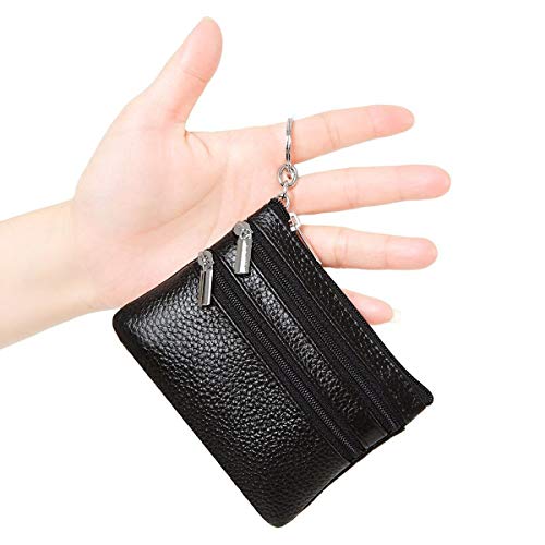 SunTrader Women Ladies Genuine Leather Small Coin Card Key Ring Wallet Pouch Mini Purse (Black)