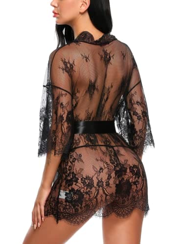 Avidlove black lace robe women Women's Lace Kimono Robe Babydoll Lingerie Mesh Nightgown Black S