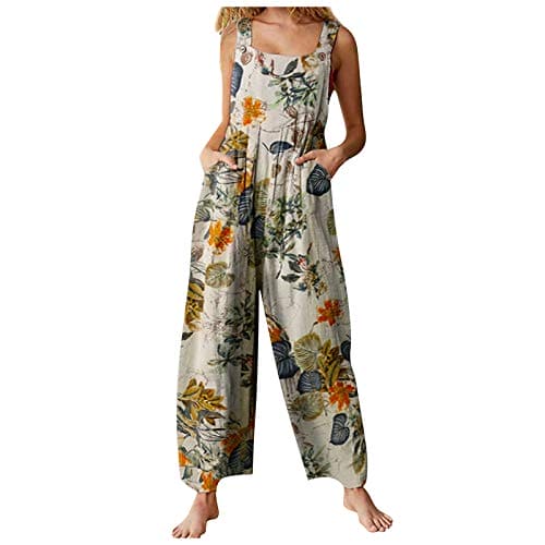 Dungarees for Women UK,Ladies Ethnic Jumpsuits Summer Sale Casual Sleeveless Floral Jumpsuit Wide Leg Trousers Beach Boho Spaghetti Straps Bib Overalls Long Pants Rompers Playsuits with Pockets