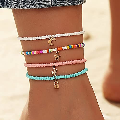 Boho Handmade Beads Multilayered Ankle Bracelets Colorful Women Anklets Moon and Star Pendant Anklet Beaded Bracelet Elastic Foot Jewelry for Summer Beach (4PCS) (Set-1)