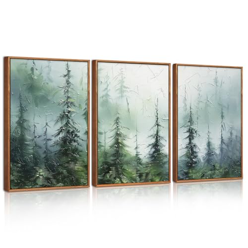 CHDITB Abstract Forest Wall Art,Green Tree Canvas Wall Art Set,Foggy Green Forest Pine Tree Wall Painting,Modern Woodland Landscape Poster,Abstract Modern Painting for Living Room Bedroom Office Decor