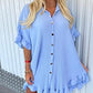 eyes Women’s Gold Button Pleated Short Sleeve Plain Collared Frill Hem Ladies Casual Loose Fit Oversized Baggy Plus Size Swing Summer Dresses for Women Sky Blue One Size 8-22