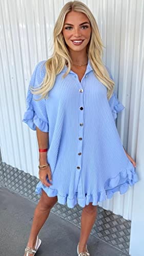 eyes Women’s Gold Button Pleated Short Sleeve Plain Collared Frill Hem Ladies Casual Loose Fit Oversized Baggy Plus Size Swing Summer Dresses for Women Sky Blue One Size 8-22