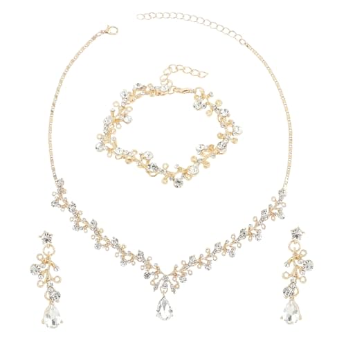 Rhinestone Bridal Wedding Jewelry Sets Gold Jewelry Set for Women Crystal Necklace Bracelet Earrings Set for Brides Bridemaid Prom Costume Accessories