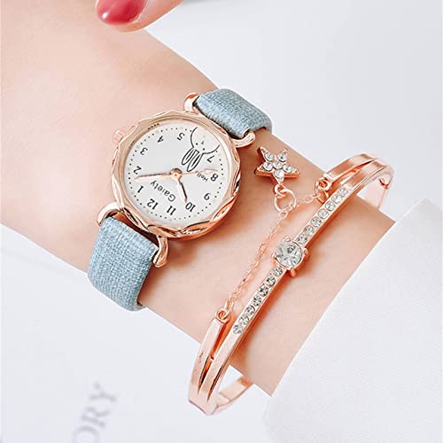 Women's Alloy Watch Bracelet Two Piece Simple Quartz Watch Diamond Bracelet Ladies Leather Strap Watch (Blue)