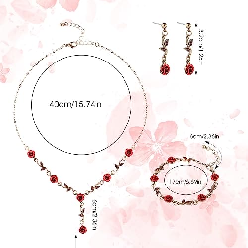 Yolev 3Pcs Set Red Rose Jewelry - Rose Flower Pendant Necklace, Bracelet Dangle Earrings.Bracelet Flower Jewelry Dangle Earrings Set For Valentine's Day Mother's Day Gifts Wedding Gifts