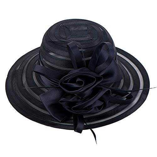 HilyBony Womens Kentucky Hat Organza Bucket Derby Hat - Bridal Wedding Church Tea Party Wide Brim Summer Sun Cap Black