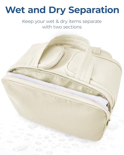 BAGSMART Travel Toiletry Bag, Lightweight Large Wide-open Travel Bag for Women, Puffy Cosmetic Makeup Bag Organizer with Handle for Accessories,Essentials, Toiletries, Beige