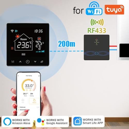 Easily Adjustable Smart Floor Heating Thermostat with Voice Functionality and RF Tech Support (Black)