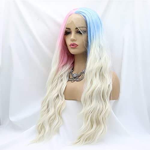 Xiweiya Blue Pink White Lace Front Wig Loose Wavy Half Blue Half Pink Synthetic Lace Wig with Blonde Tips Loose Curly Heat Resistant Fiber Wig 180% Density Hair for Women 24inch…