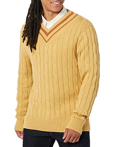 Amazon Essentials Men's Cable Knit V-Neck Jumper, Tan, XXL