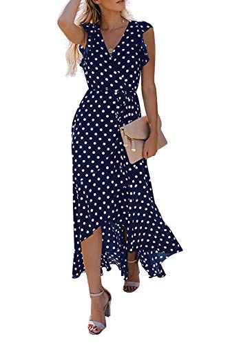 GRECERELLE Womens Summer Maxi Dress Boho Floral Cocktail Midi Polka Dot Wrap Dresses V Neck Casual Party Bohemian Flowy Long Dress for Ladies (FP Dark Green, M)