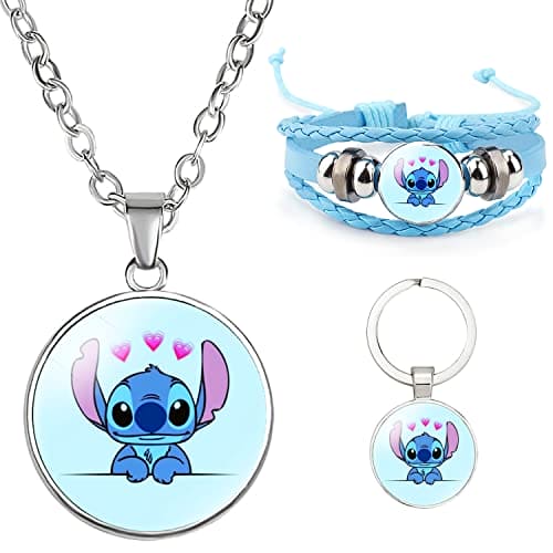 TENVAVA Stitch Bracelet Stitch Necklace Stitch Keychain Jewellery Set Lilo and Stitch Charm Bracelet Necklace Keychain 3PCS Gifts for Daughter Niece Girls Bff Women Friendship, Blue