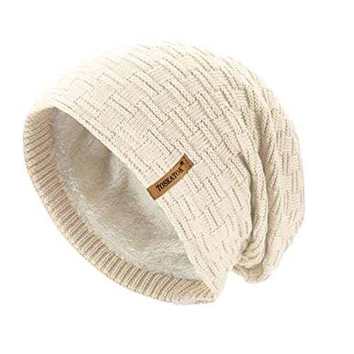 TOSKATOK® Ladies Mens Unisex Warm Winter Textured Knit Slouch Beanie hat with Cosy Faux Fur Teddy Fleece Liner-A-Cream