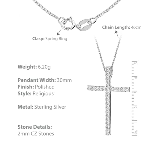 Tuscany Silver Women's Sterling Silver Large White Cubic Zirconia Set Cross Pendant on Curb Chain of 46cm/18"