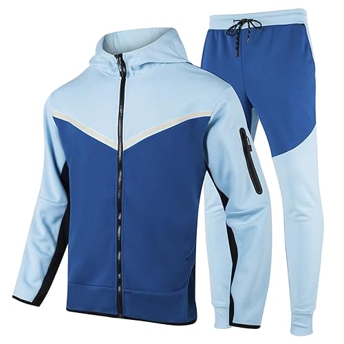 ANGELA BEBE Men's Tracksuits Sweatsuits For Men Hooded Tracksuit Sweatsuit Long Sleeve Full-Zip Jogging Sweatpants 2 Piece, Sky Blue+blue, Medium