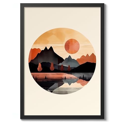 Sunset Abstract Poster, Scandi Minimalist Boho Print, Modern Art Bauhaus, Archival Matte, A4 (Black Frame) - 29.7x21cm