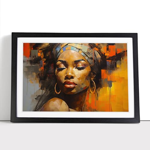 African Woman Abstract - Framed Wall Art Print - Ready to Hang Picture - Modern Art for Living Room Bedroom Kitchen Home - Black A4 (27 x 36 cm)