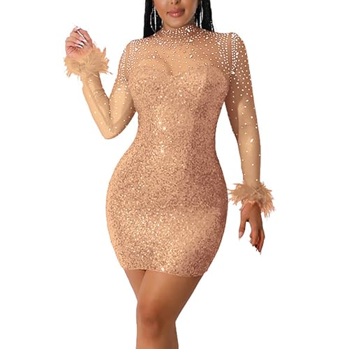 Zeiayuas Sequin Dress for Women UK Bodycon Mesh Long Sleeve Mini Dresses Turtleneck Neck Sexy Evening Wedding Guest Dress Dinner Dance Party Dress Ladies Elegant Sparkly Glitter Clubwear Khaki