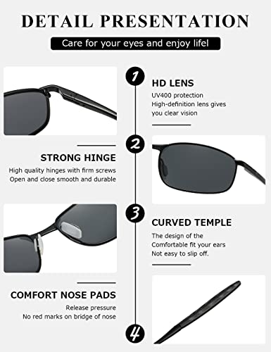 kimorn Polarized Sunglasses For Men Retor Rectangle Frame Classic Sun Glasses K0535 (Black)