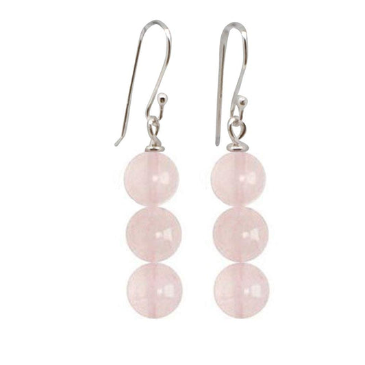 TreasureBay Handmade Natural Rose Quartz Gemstone Dangle Drop Earrings For Women Girls Made with 925 Sterling Silver Hook (Triple Beads Rose Quartz)