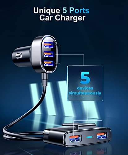 JOYROOM 5 Multi USB Car Charger Adapter, 6.2A Cigarette Lighter USB Charger, 12v Car Phone Charger with 5FT Cable for Front & Back Seat Charging, Compatible with Samsung, iPhone.