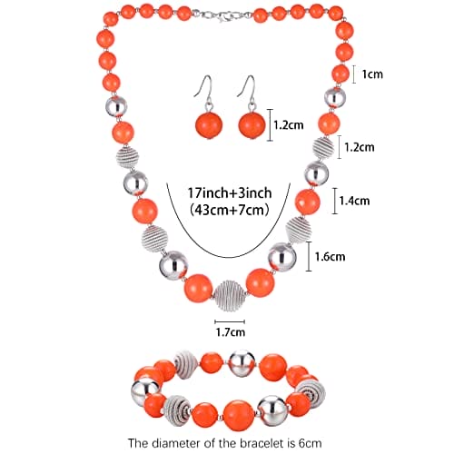 BULINLIN Chunky Beaded Silver Necklace Earrings Pearl Handmade Bracelet Set Statement Costume Fashion Jewellery Set Birthday Gifts for Women (48-Orange)