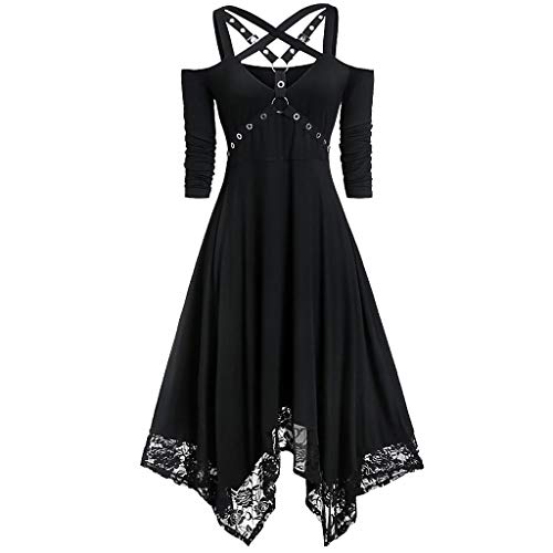 LOSSLO Punk Dress Women's Large Sizes Gothic Clothing 1/2 Sleeve Off Shoulder Lace Vintage Halloween Costume Carnival Cosplay Medieval Dresses Palace Renaissance Dresses for Women, black, S