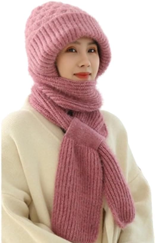 Integrated Ear Protection Windproof Cap Scarf, Hat and Scarf Combined Winter Hats for Women, Velvet Thick Winter Knitted Hat, Winter Warm Knitted Beanie Hat Scarf (Pink)